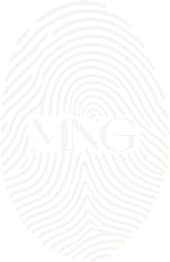 The MNG mark: the letters MNG set inside a fingerprint